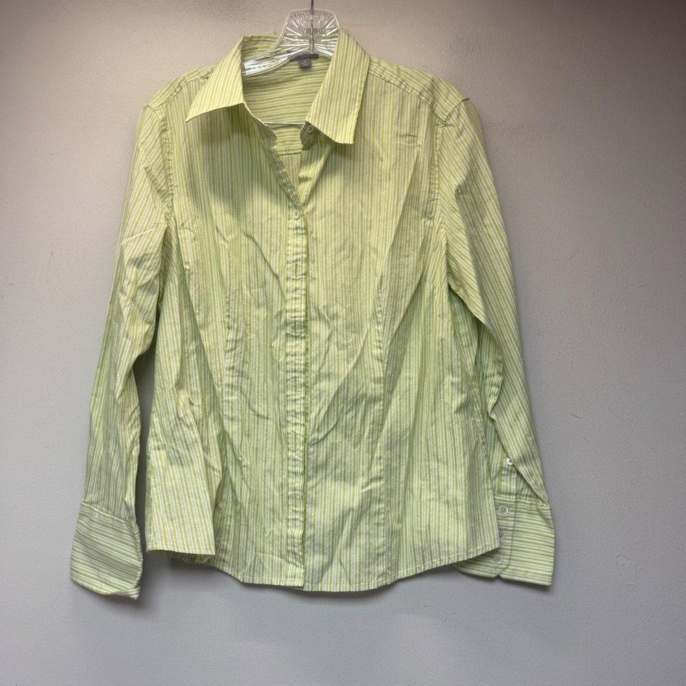 Ann Taylor Button Down Shirt Womens 16 Lime Green Excellent Pinstripe‎ 24-130850
